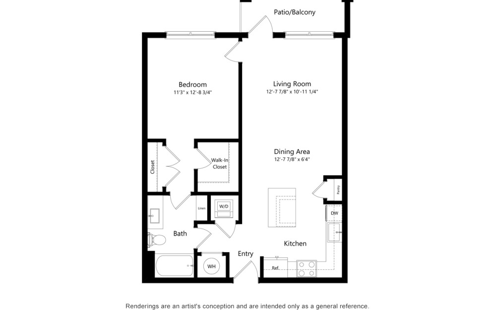 A1 - 1 bedroom floorplan layout with 1 bathroom and 790 square feet (2D)