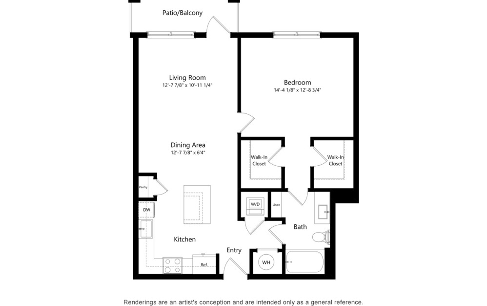 A2 - 1 bedroom floorplan layout with 1 bathroom and 855 square feet (2D)