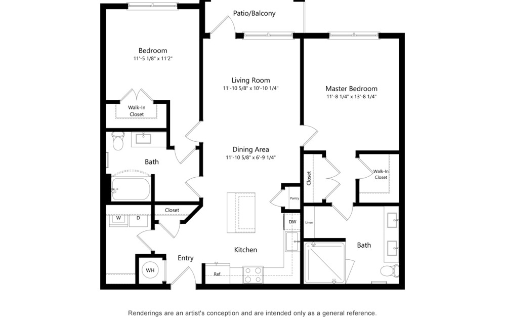 B1 - 2 bedroom floorplan layout with 2 bathrooms and 1201 square feet (2D)