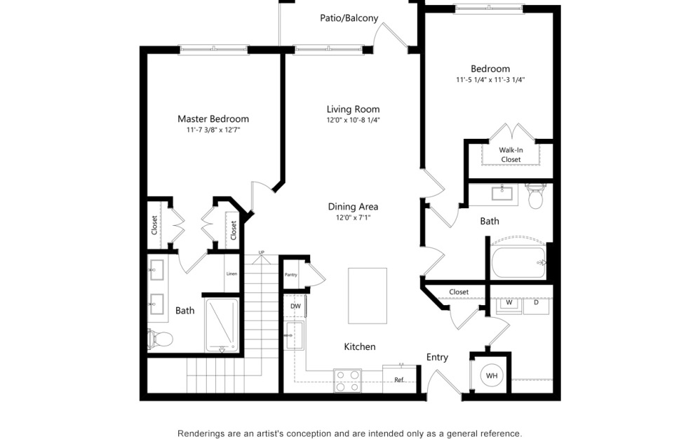 B2G - 2 bedroom floorplan layout with 2 bathrooms and 1216 square feet (Floor 1, 2D)