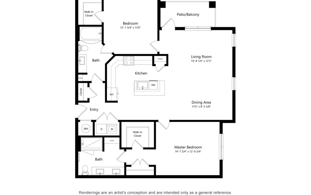 B3 - 2 bedroom floorplan layout with 2 bathrooms and 1353 square feet (2D)